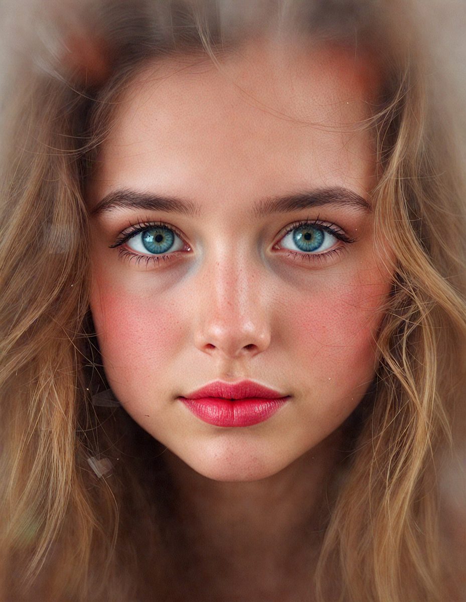 The primary subject of the image is a woman with red lips and blue eyes. She is looking directly at the camera, and her lips are painted red. The setting is a close-up of her face, and the visual style is a photo. The colors and mood of the image are vibrant and lively, with the red lips and blue eyes standing out against the background.